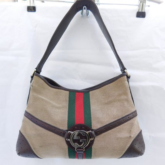 GUCCI SUPREME CANVAS RED GREEN STRIPE SHOULDER BAG - Picture 3 of 8